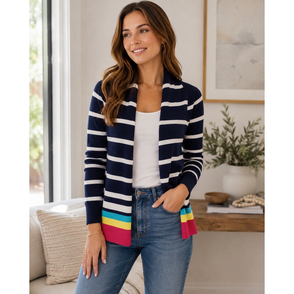 Lilly Pulitzer Navy Striped Open Cardigan Sweater Size L Colorful Cotton